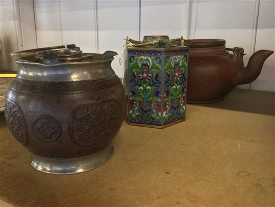 Flattened globular Yixing teapot, Chinese coconut shell, pewter & brass tea/wine warmer & a cloisonne enamel tea/wine warmer